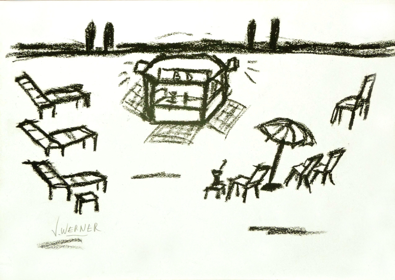 BEACH & CHAIRS - beach drawing. black white crayon - for sale