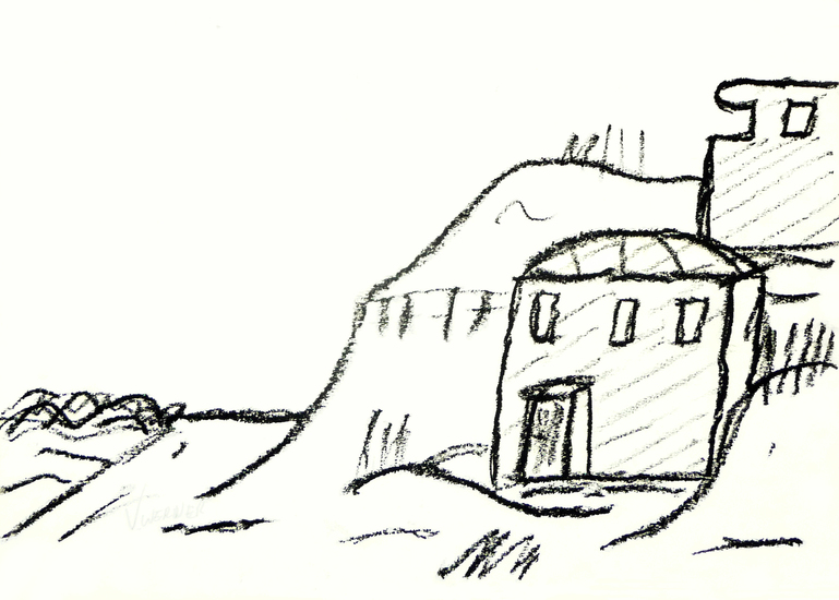 PILLBOX IN DUNES - beach drawing, black white crayon, for sale