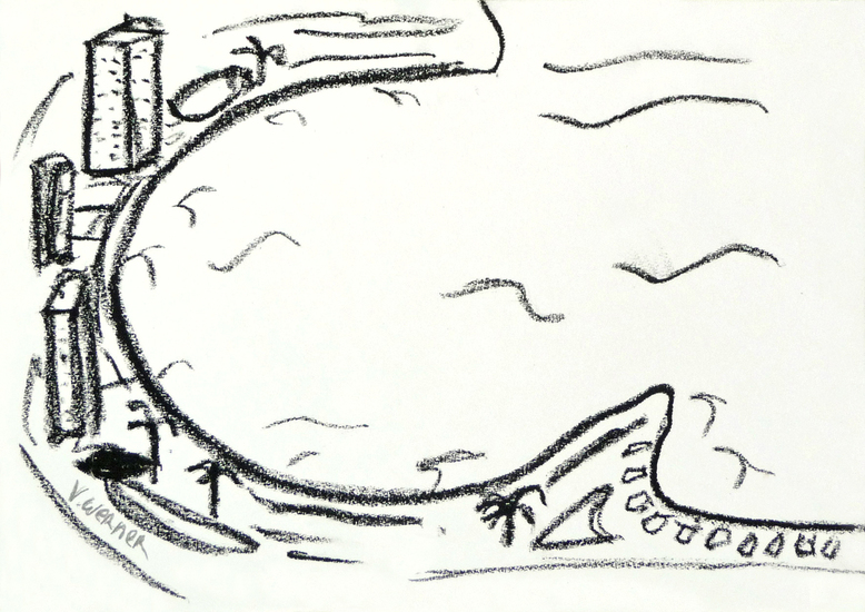 THE BAY - beach drawing, black white crayon, for sale