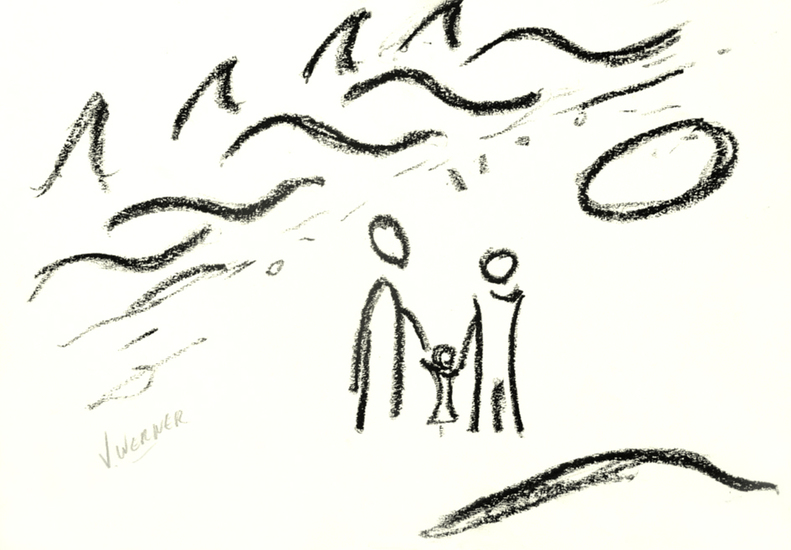 FAMILY AT THE BEACH - beach drawing, black white crayon, for sale