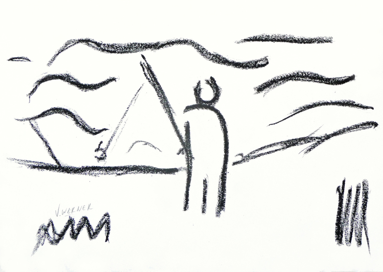 MAN FISHING IN THE SEA - crayon drawing black white; for sale