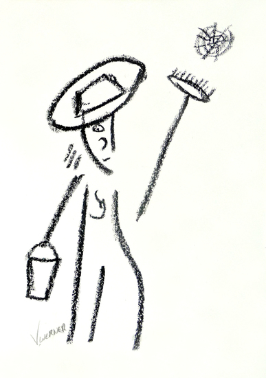 THE CLEANER - black white crayon drawing