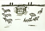 drawings in black white with summer scenes on the beach; made in black crayon on paper