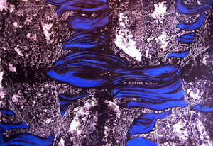 Monotypes zijn eenmalige afdrukken. Ik heb echter een techniek bedacht waardoor ik in staat ben een monotype op doek af te drukken! Later bewerk ik de monotype soms nog met ecoline, waardoor er sprake is van een gemengde techniek.
De hierna getoonde doeken zijn gemaakt tijdens mijn deelname aan het kunstenaarscollectief Art Against Water (waarvan in mede-oprichter was), waarbij we de mensen bewust wilden maken voor de stijgende zeespiegel en het belang en behoud van de dijken.