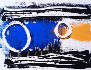 Monotypes op papier gemaakt met blockdrukinkt voor lino's op glasplaat. Serie Lines and Circles.