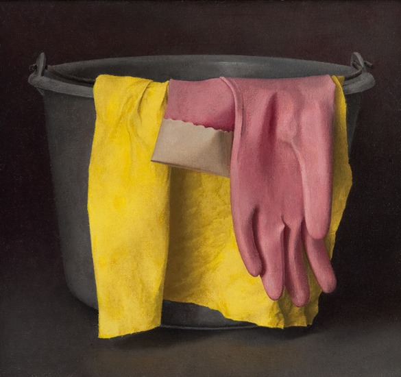 Gele doek met roze handschoenen