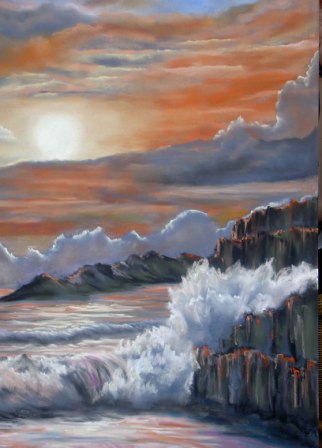 Ondergaande zon bij rotsen in zee