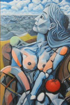 Vrouw op strand met tomaat en ei (Woman on beach with tomato and egg)