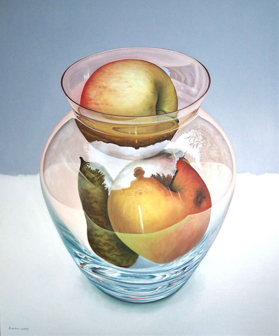 Vaas met appel en peer, met selfie