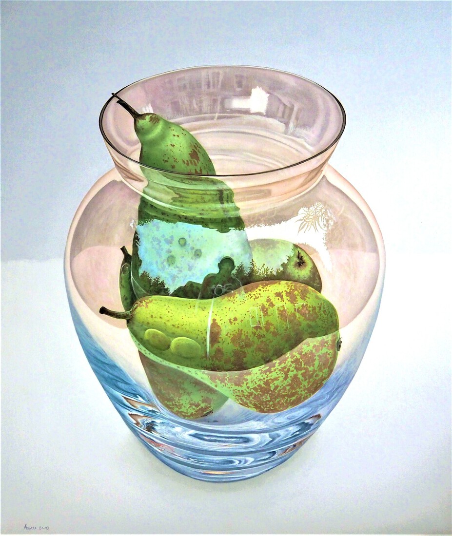 Vaas met peren en reflectie met zelfportret
