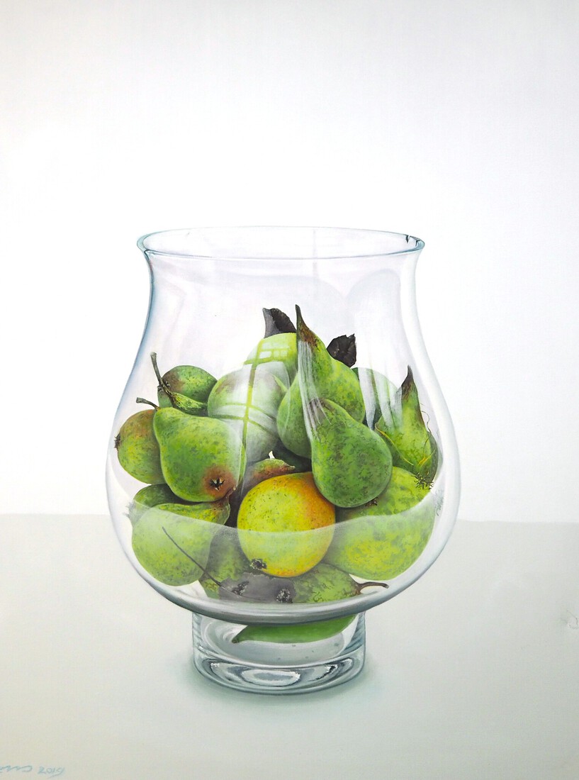 Vaas met peren en reflectie met zelfportret