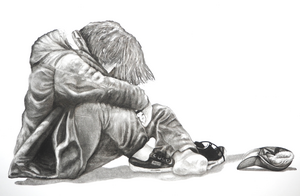 Serie grote houtskooltekeningen van bedelaars.