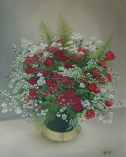 koperen pot met bloemen