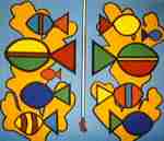 Acrylverfschilderijen. Felle kleuren, afgebakend door zwarte lijnen.