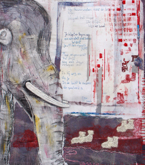 VERKOCHT - textiel schilderij 'op kousevoeten naar de bron'