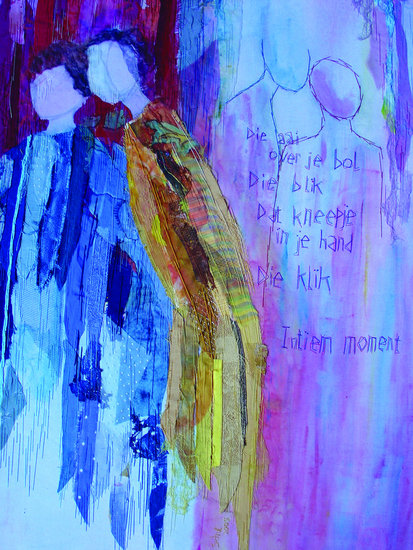 VERKOCHT - textiel schilderij 'intiem moment'