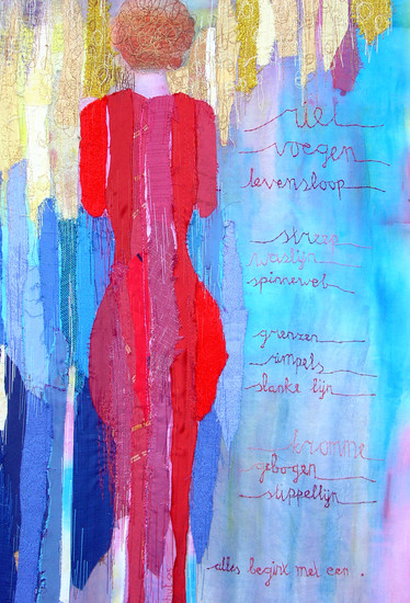 VERKOCHT - textiel schilderij 'slanke lijn'