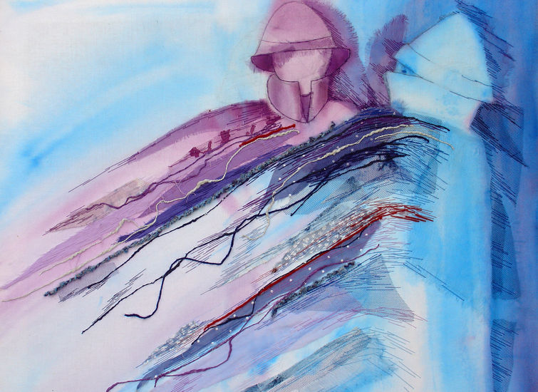 VERKOCHT - textiel schilderij 'stormachtige ontmoeting'