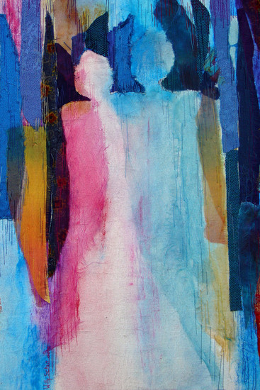 VERKOCHT - textiel schilderij 'samen`