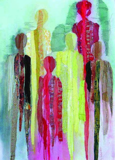 VERKOCHT - textiel schilderij 'zes lange mensen`