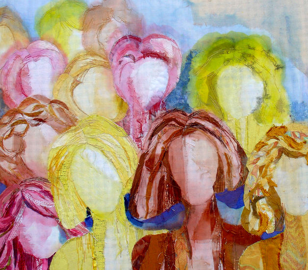 VERKOCHT - textiel schilderij 'vrouwen laten zich niet in een hoekje douwen`