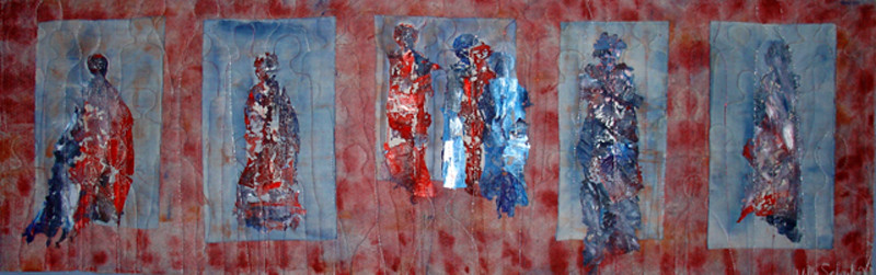 VERKOCHT - textiel schilderij 'mensen`