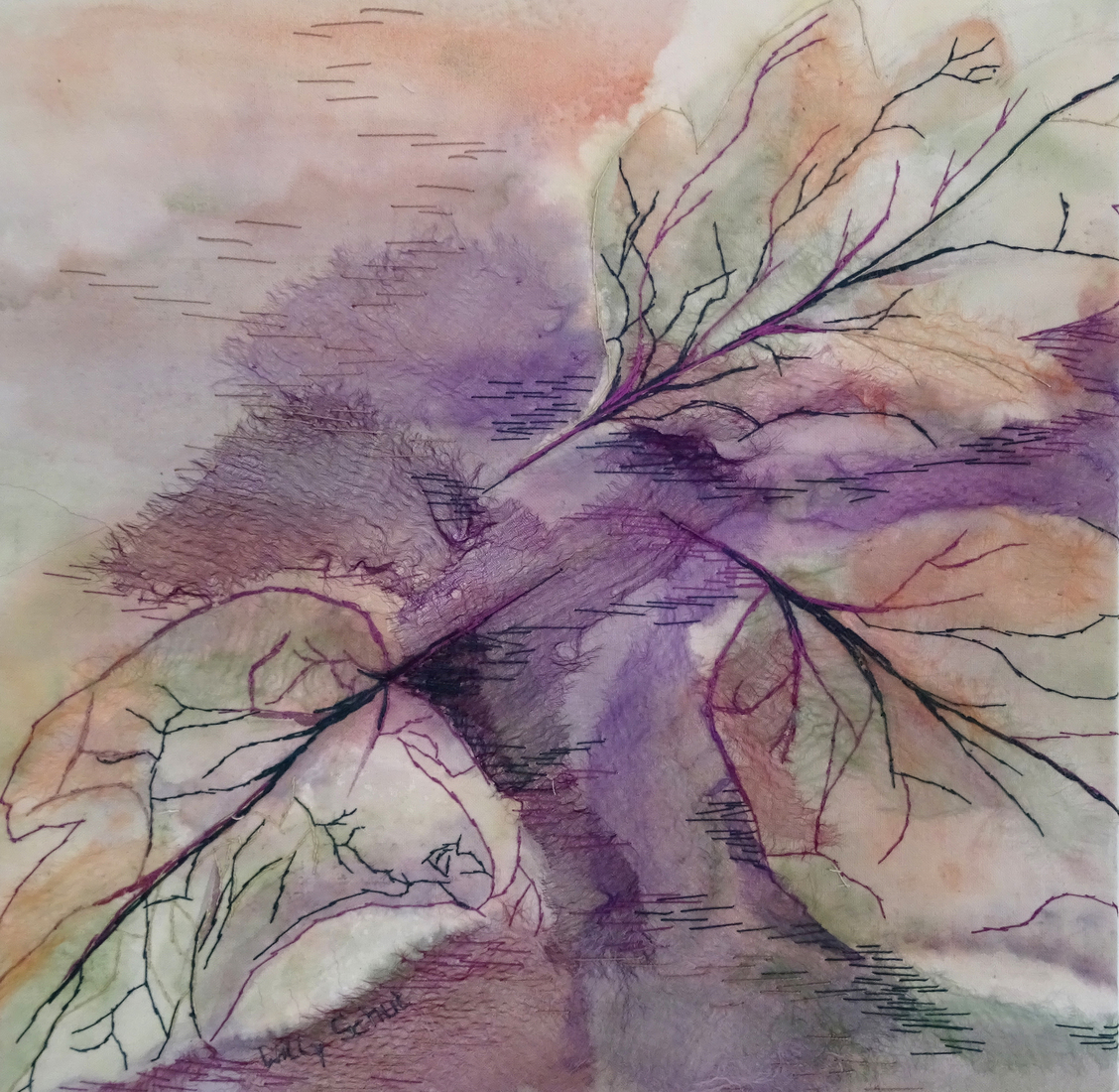 VERKOCHT 'Herfstbladeren'- textiel schilderij