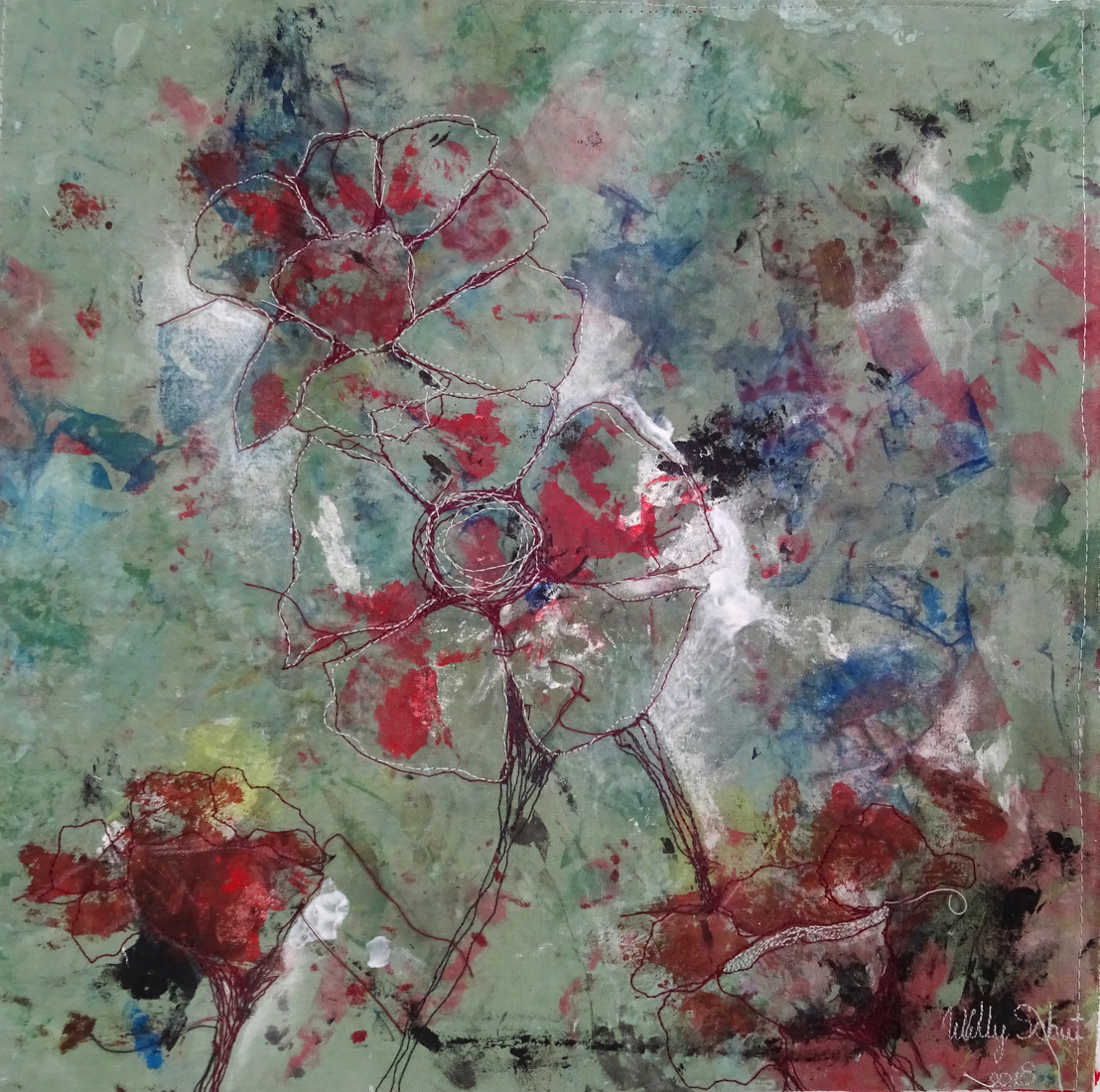 Rood-witte fantasie bloemen - textiel schilderij