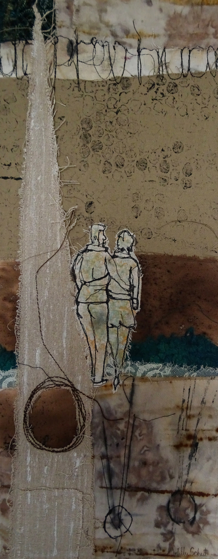 VERKOCHT 'Samen op pad' - textiel schilderij