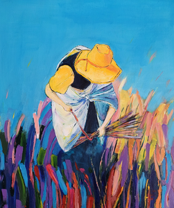 Hoeden geschilderd op doek met acrylverf maar ook met aquarelverf op papier. 