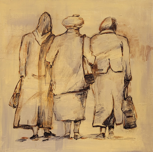 De ondergrond is geschilderd met acrylverf en de figuren in oostindische inkt. 