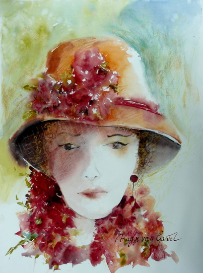 Dame met bloemen op haar hoed