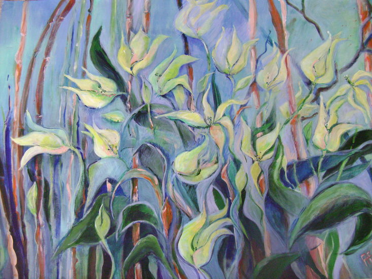 gele lelies in blauw veld.