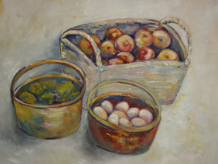 mandjes met appelen, peren, eieren