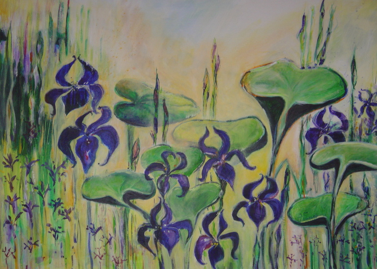 paarse lissen met waterlelieblad