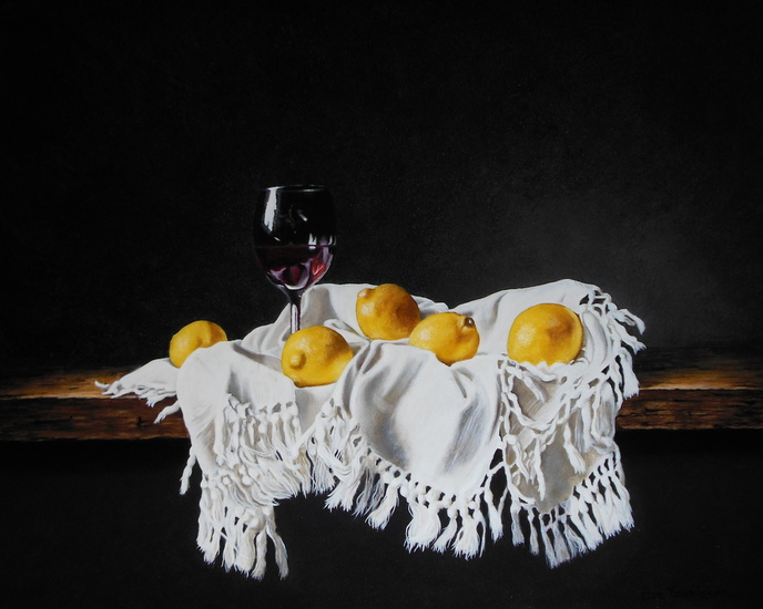 Stilleven met citroenen en wijnglas