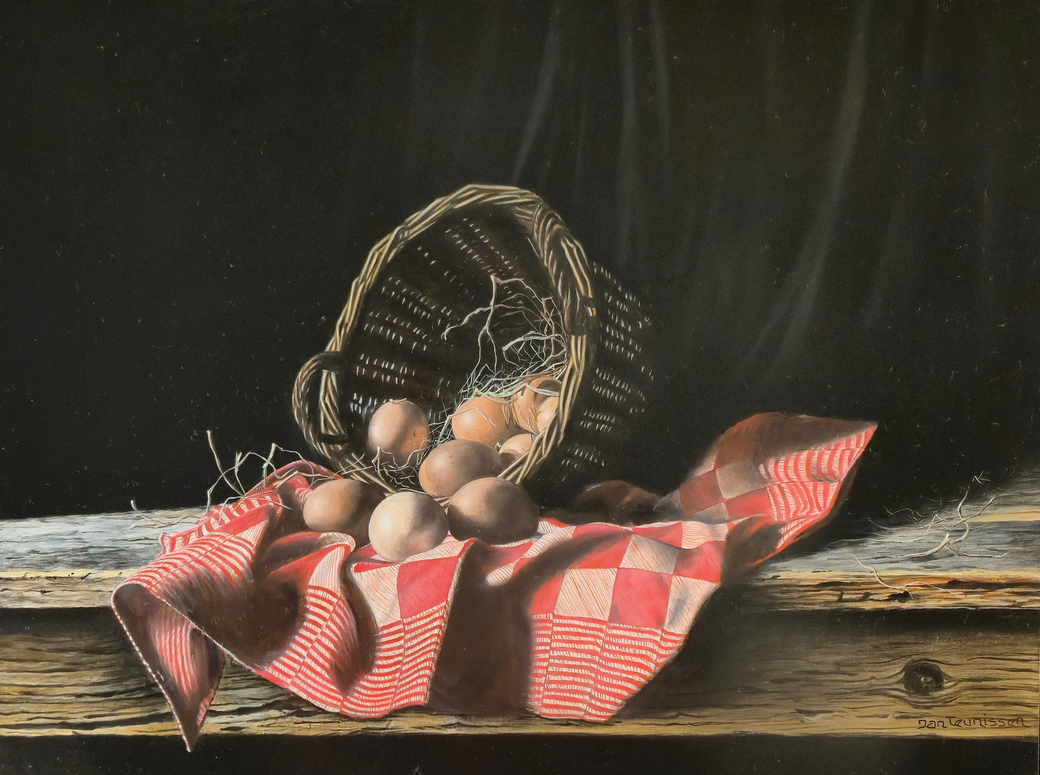 Mand met eieren en rode doek