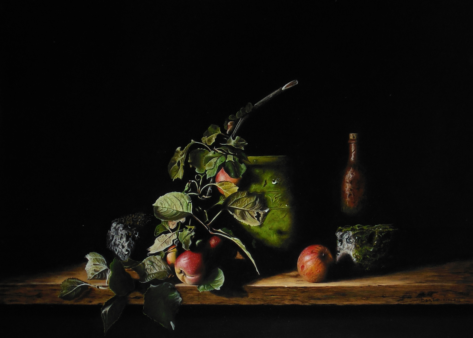 Stilleven met appels en groene kruik
