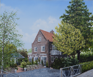 Olieverfschilderijen van huizen in opdracht geschilderd.