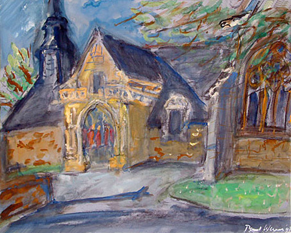 Kerkje van Kermaria en Isquit in Bretagne, Frankrijk - gouache, schilderij op papier, Paul Werner 