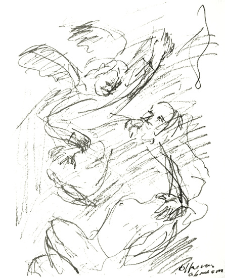 The angel prevents Abraham who wants to offer his son Isaac, after Rembrandt