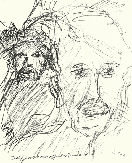 self-portrait with affiche of the Rembrandt-year