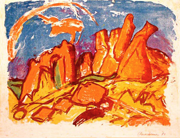 color-lithography: Red rocks on the coast of Brittany, France