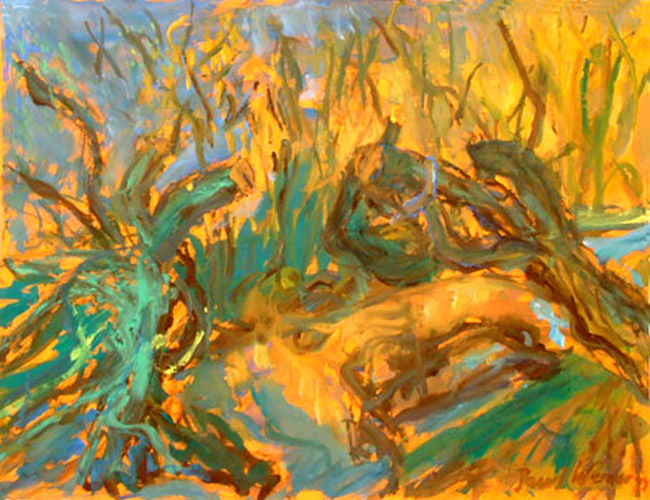 Colored willow branches in fall, painting on paper
