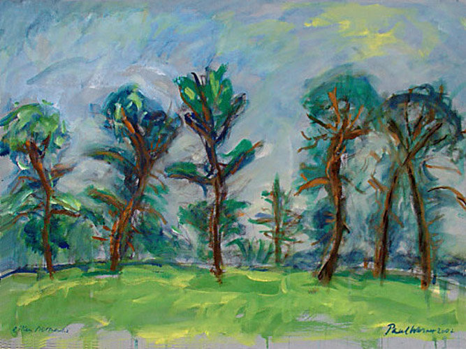 a row of oak tree in Normandy, France, painting on paper