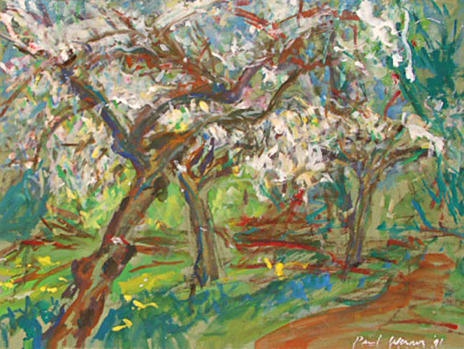 Fruit trees in blossom, painting on paper