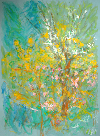 Gele bloesem in mijn tuin - gouache, schilderij op papier, Paul Werner 
