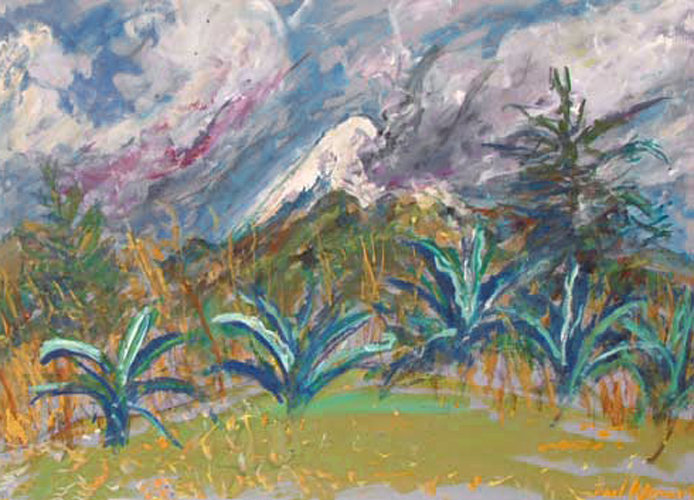 trees and landscape around vulcano Popocatépetl in Mexico, painting on paper