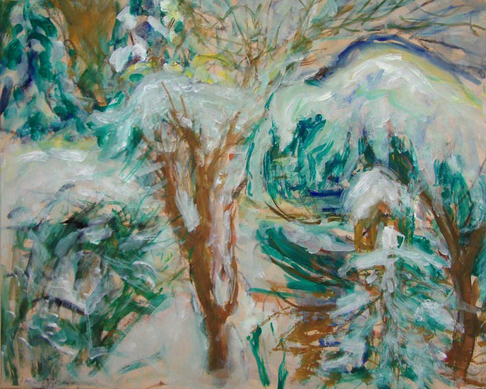 Winter, garden with snow, painting on paper