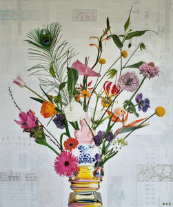 Moderne mixed media kunstwerken, met bloemen als onderwerp, op dubbeldik linnen doek. Oude meesters in een modern jasje.